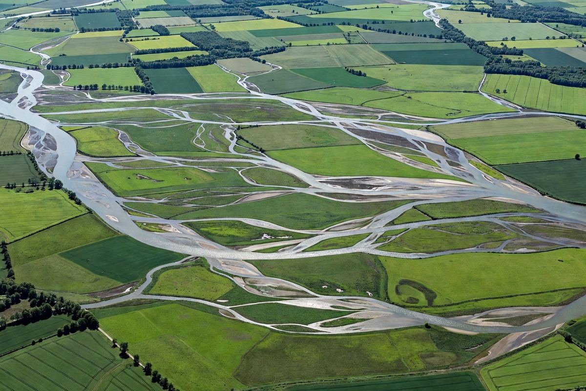 Rivers and green fields seen straight down from above