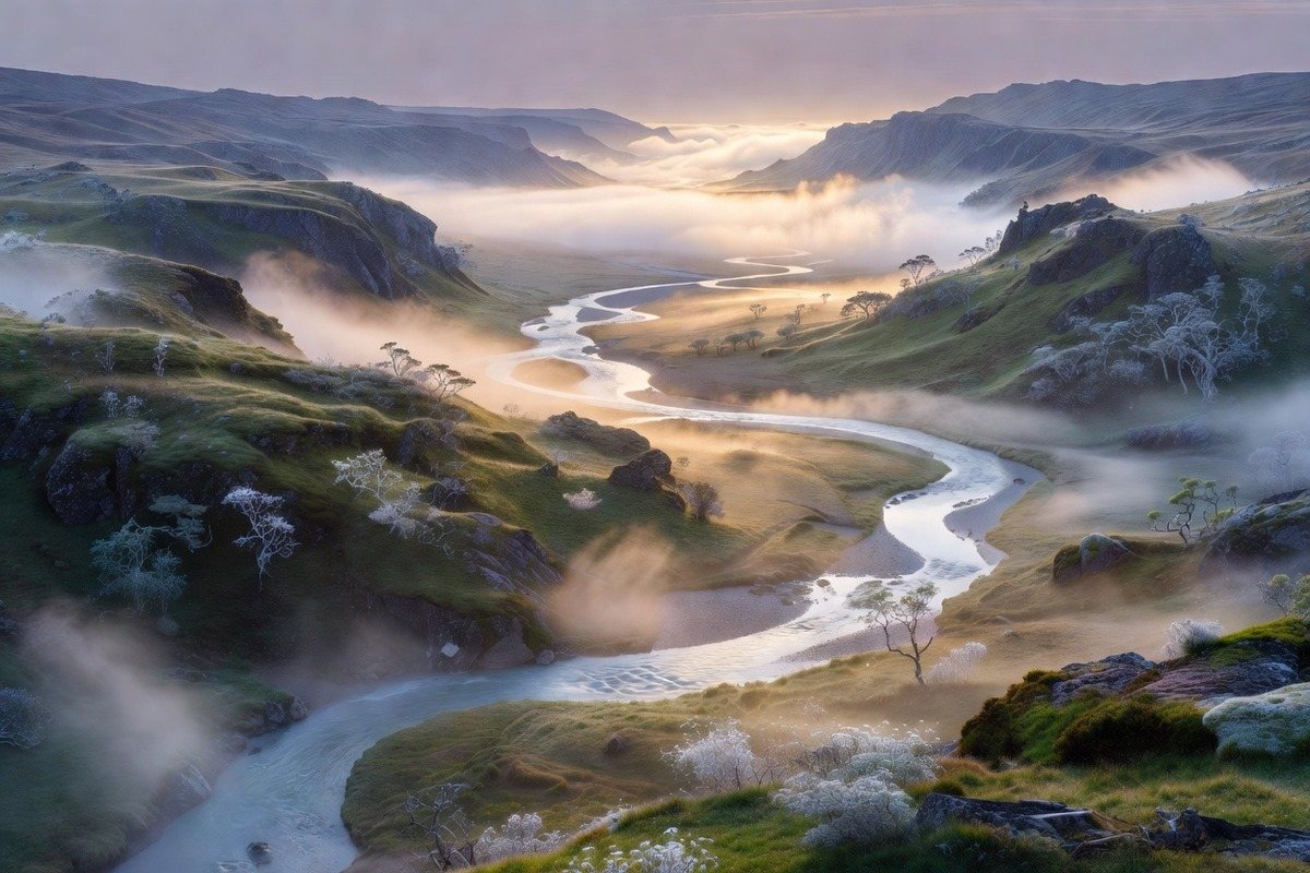 A luminous valley seen from above at dawn