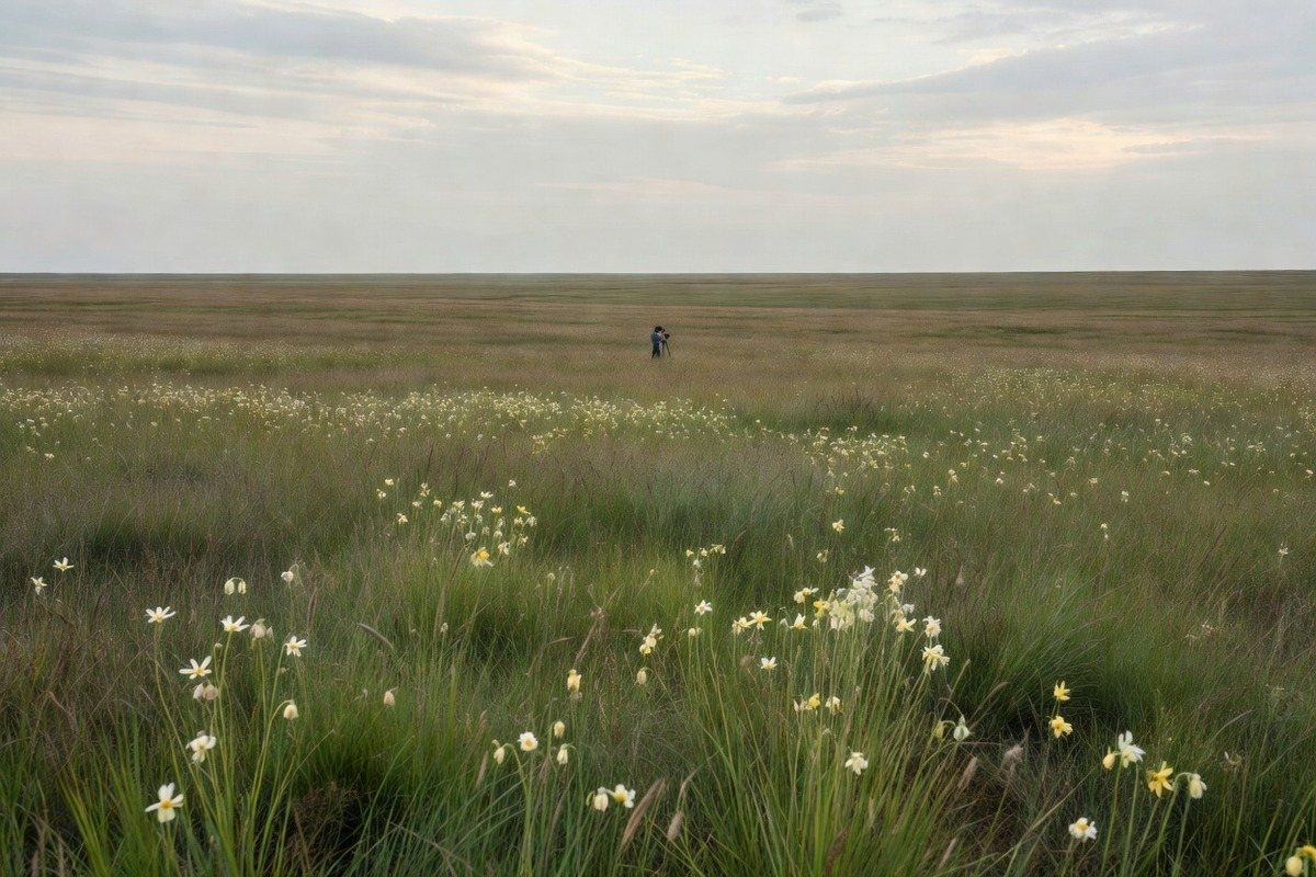 A distant photographer standing in a wide calm meadow